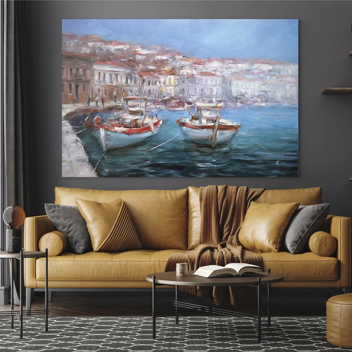 Quadro su vetro - Porto di pescatori con barche sullo sfondo di edifici italiani e cielo azzurro - 120x80cm - Golfo italiano - Decorazione murale moderna per soggiorno e camera da letto ARTTOR