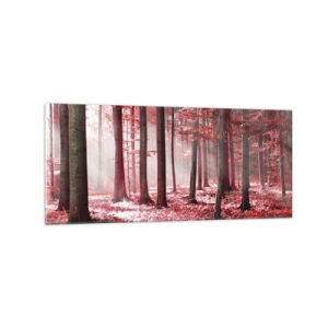 Quadro su vetro - Una splendida foresta dalle tonalità rosse con raggi di luce che penetrano attraverso gli alberi - 120x50cm - Anche rosso è bello - Decorazione murale moderna per soggiorno e camera da letto ARTTOR