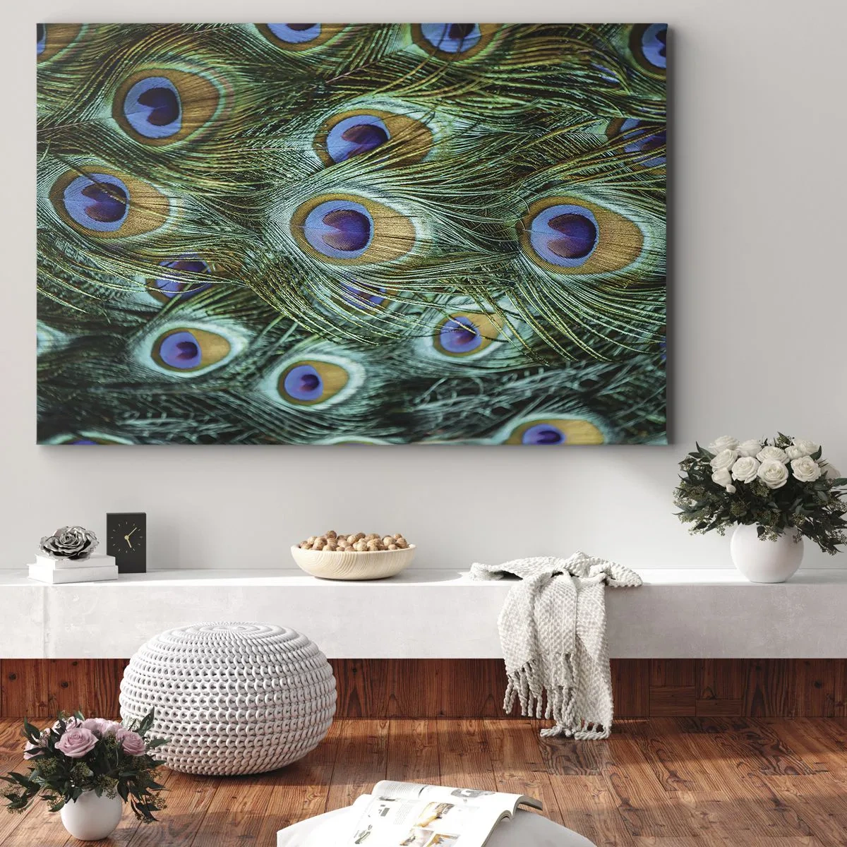 Quadro su tela - Stampe su Tela - Dettagli di piume di pavone in colori intensi - 70x50cm - Lo sguardo del pavone - Decorazione murale moderna per soggiorno e camera da letto ARTTOR