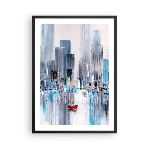 Poster in cornice nera - Un dipinto astratto raffigurante lo skyline di una città sull'acqua con una barca rossa. - 50x70cm - La metropoli sopra al golfo - Decorazione murale moderna per soggiorno e camera da letto ARTTOR