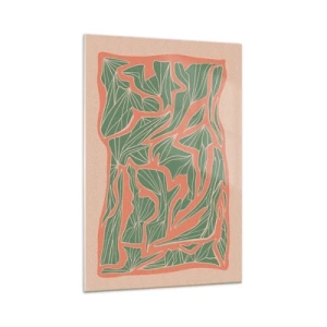 Quadro su vetro - Un motivo vegetale nelle tonalità del verde e dell'arancione - 70x100cm - La lotta tra il corallo e il verde - Decorazione murale moderna per soggiorno e camera da letto ARTTOR