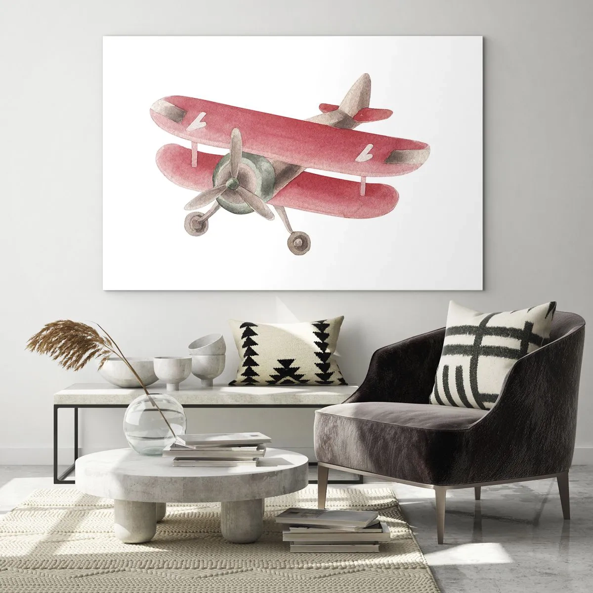 Quadro su vetro - Biplano in stile retrò nei toni del rosso - 70x50cm - Pronto a volare alto - Decorazione murale moderna per soggiorno e camera da letto ARTTOR