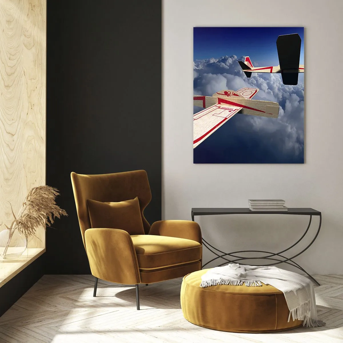 Quadro su vetro - Due aeroplani di legno che sorvolano le nuvole contro un cielo azzurro. - 70x100cm - Più in alto, più lontano - Decorazione murale moderna per soggiorno e camera da letto ARTTOR