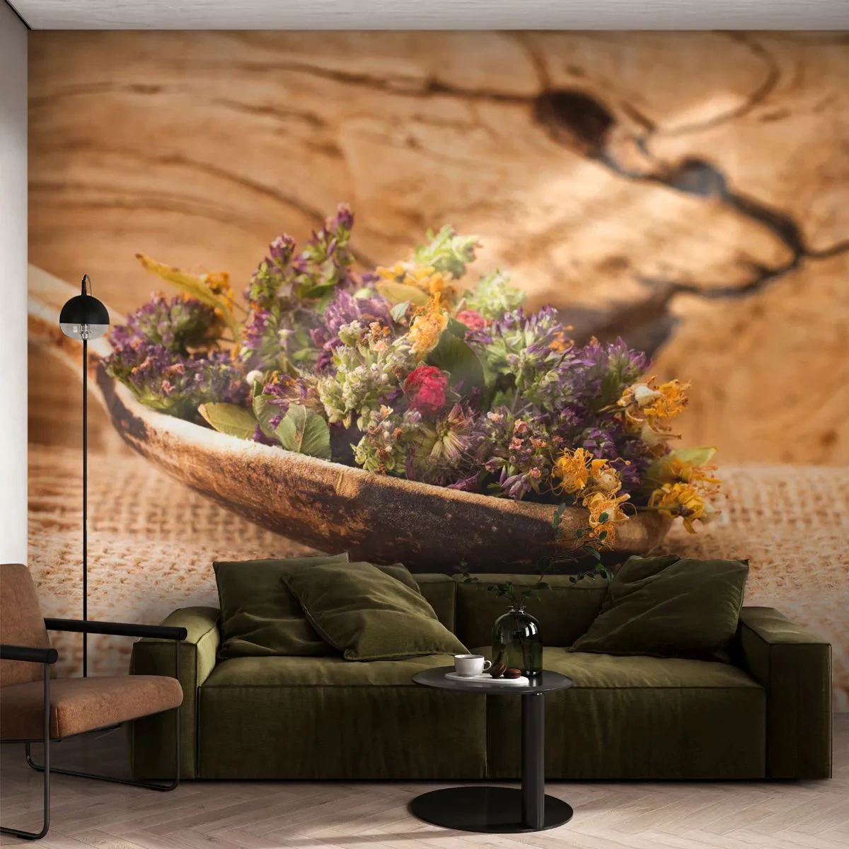 Fotomurali Standard Eco - Erbe essiccate su un cucchiaio di legno rustico - 100x70cm - Fiori colorati ed erbe odorose - Decorazione murale moderna per soggiorno e camera da letto ARTTOR
