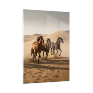 Quadro su vetro - Una mandria di cavalli al galoppo nel deserto tra le dune di sabbia - 50x70cm - Liberi come il vento - Decorazione murale moderna per soggiorno e camera da letto ARTTOR