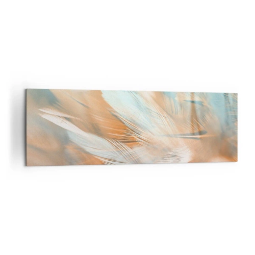 Quadro su tela - Stampe su Tela - Delicate piume nei toni pastello del blu e dell'arancione - 160x50cm - Nel paese della mitezza - Decorazione murale moderna per soggiorno e camera da letto ARTTOR