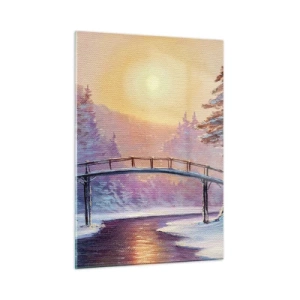Quadro su vetro - Paesaggio invernale con un ponte su un fiume al tramonto - 50x70cm - Quattro stagioni: inverno - Decorazione murale moderna per soggiorno e camera da letto ARTTOR