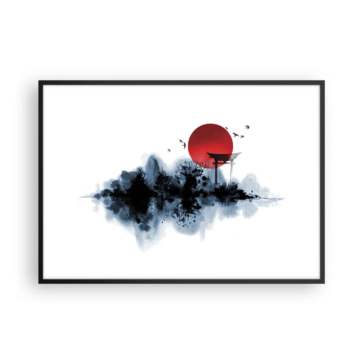Poster in cornice nera - Sole rosso su un paesaggio pittoresco con torii - 100x70cm - Vista giapponese - Decorazione murale moderna per soggiorno e camera da letto ARTTOR