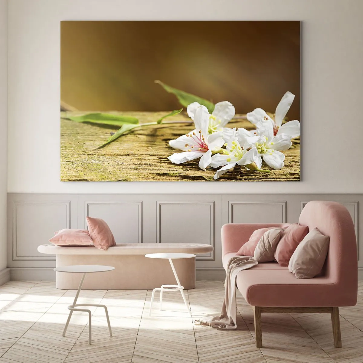 Quadro su vetro - Fiori bianchi su uno sfondo di legno in luce calda - 70x50cm - Promessa innocente - Decorazione murale moderna per soggiorno e camera da letto ARTTOR