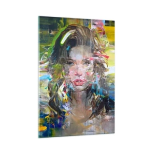 Quadro su vetro - Ritratto astratto di una donna con uno sfondo dinamico - 50x70cm - Dietro una tenda di vento - Decorazione murale moderna per soggiorno e camera da letto ARTTOR