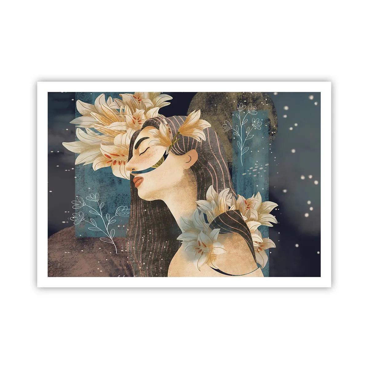 Poster - Ritratto di una donna con fiori in stile artistico su sfondo scuro - 100x70cm - La favola della principessa con i gigli - Decorazione murale moderna per soggiorno e camera da letto ARTTOR