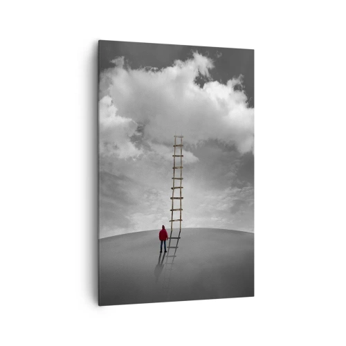 Quadro su tela - Stampe su Tela - Una persona con un cappotto rosso e una scala che porta a una nuvola - 80x120cm - Tutto è possibile - Decorazione murale moderna per soggiorno e camera da letto ARTTOR