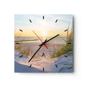 Orologio da parete - Orologio in Vetro - Una spiaggia sabbiosa con vista sul tramonto sul mare - 30x30cm - Rumore del mare, uccelli che cantano, spiaggia selvatica tra i cespugli... - Decorazione murale moderna per soggiorno e camera da letto ARTTOR
