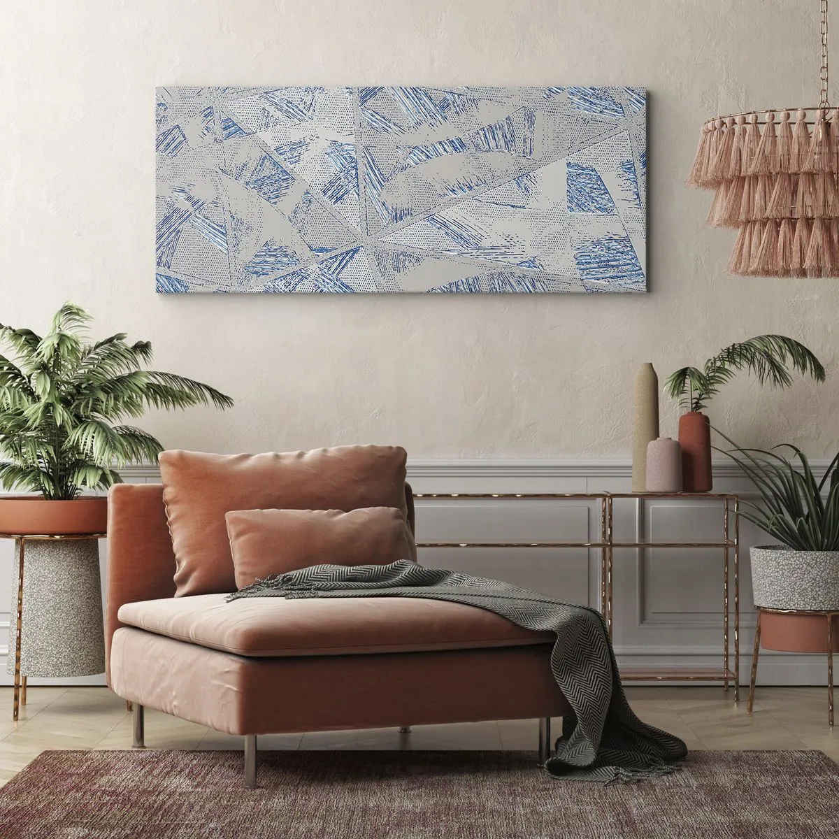 Quadro su tela - Stampe su Tela - Motivi geometrici nelle tonalità del blu e del grigio - 120x50cm - Nel labirinto grigioblu - Decorazione murale moderna per soggiorno e camera da letto ARTTOR