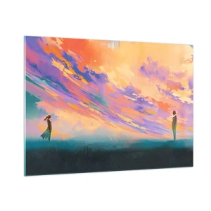 Quadro su vetro - Due persone sullo sfondo di un cielo colorato al tramonto - 100x70cm - Forza di attrazione - Decorazione murale moderna per soggiorno e camera da letto ARTTOR