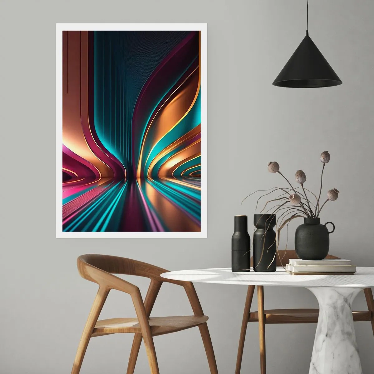 Poster - Astrazione futuristica nei colori oro e turchese - 50x70cm - Architettura di luce - Decorazione murale moderna per soggiorno e camera da letto ARTTOR