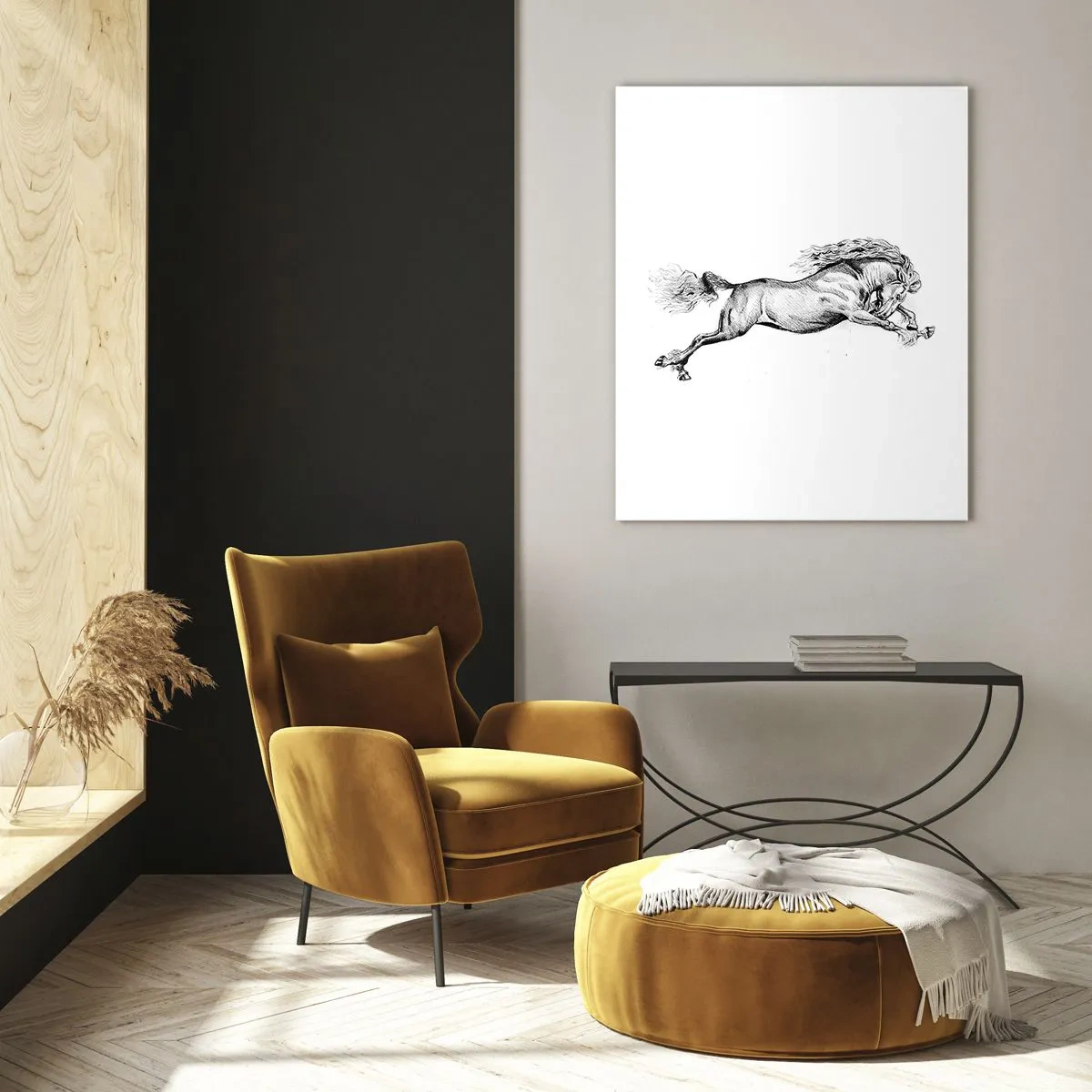 Quadro su vetro - Schizzo di un cavallo al galoppo dinamico su sfondo bianco - 70x100cm - Fermo al galoppo - Decorazione murale moderna per soggiorno e camera da letto ARTTOR