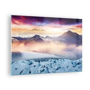 Quadro su vetro - Paesaggio montano invernale con sole al tramonto e nebbia - 70x50cm - Forza e purezza della natura - Decorazione murale moderna per soggiorno e camera da letto ARTTOR