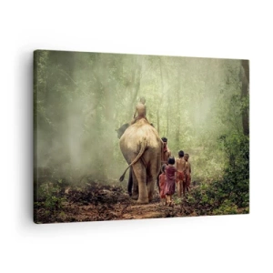 Quadro su tela - Stampe su Tela - Bambini con un elefante in una foresta verde alla luce del mattino - 70x50cm - Il nuovo Libro della Giungla - Decorazione murale moderna per soggiorno e camera da letto ARTTOR