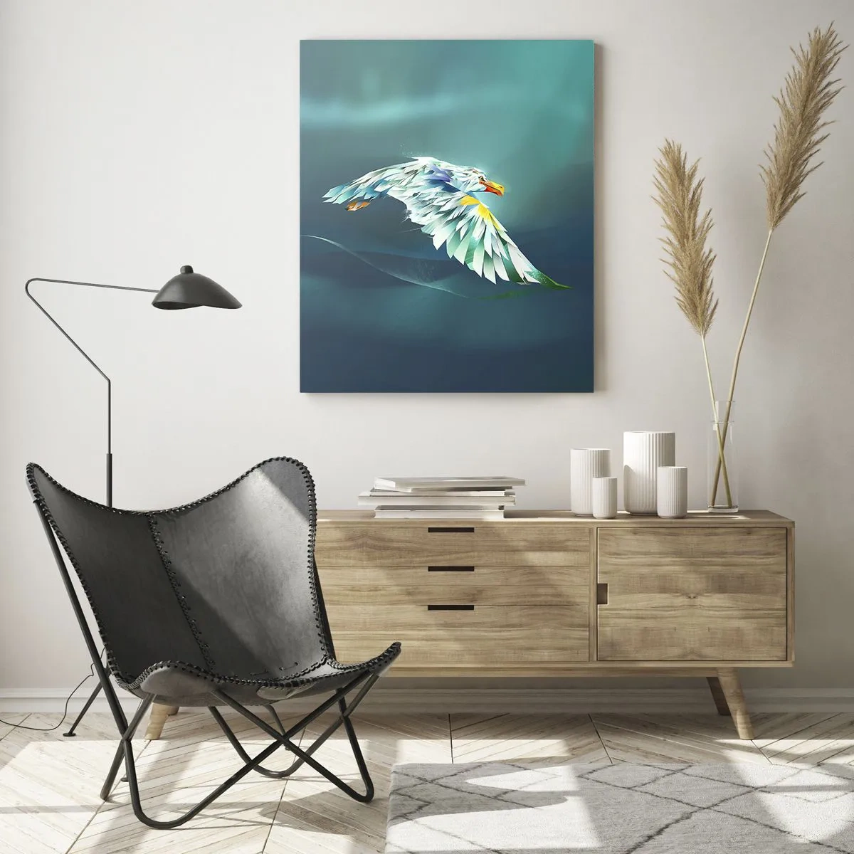 Quadro su vetro - Aquila astratta in volo contro un cielo turchese - 80x120cm - Potenza del volo dell'aquila - Decorazione murale moderna per soggiorno e camera da letto ARTTOR