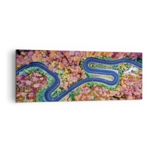 Quadro su tela - Stampe su Tela - Una strada tortuosa in una foresta autunnale vista a volo d'uccello - 140x50cm - Via tortuosa attraverso il bosco - Decorazione murale moderna per soggiorno e camera da letto ARTTOR