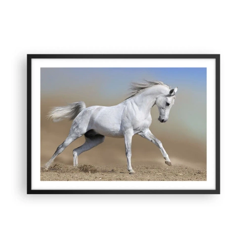 Poster in cornice nera - Un cavallo bianco che galoppa attraverso un paesaggio desertico - 70x50cm - La più bella favola araba - Decorazione murale moderna per soggiorno e camera da letto ARTTOR
