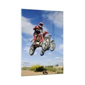 Quadro su vetro - Un motociclista in volo contro un cielo blu - 50x70cm - Saltando sotto il cielo - Decorazione murale moderna per soggiorno e camera da letto ARTTOR