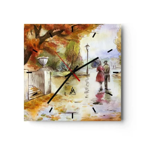 Orologio da parete - Orologio in Vetro - Una passeggiata nel parco autunnale con l'ombrello - 30x30cm - Autunno romantico nel parco - Decorazione murale moderna per soggiorno e camera da letto ARTTOR