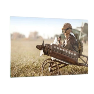 Quadro su vetro - Un bambino su un aeroplano di legno, che finge di essere un pilota, indossando abiti da aviatore. - 120x80cm - Decollo verso i sogni - Decorazione murale moderna per soggiorno e camera da letto ARTTOR