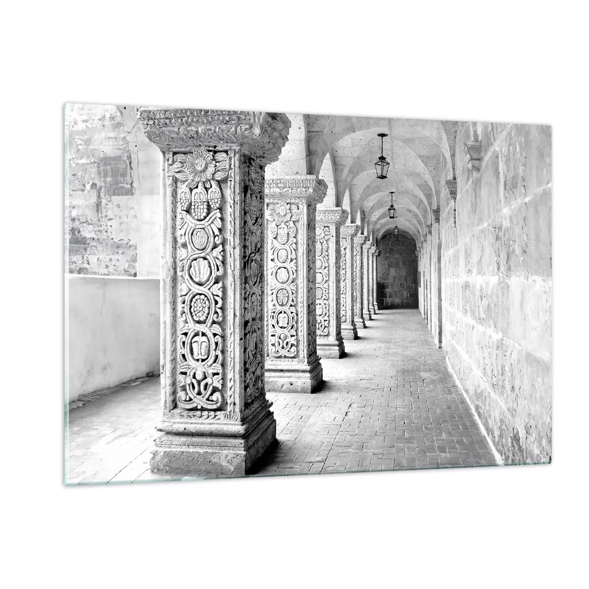 Quadro su vetro - Chiostro storico con colonne scolpite - 120x80cm - Dove porterà? - Decorazione murale moderna per soggiorno e camera da letto ARTTOR