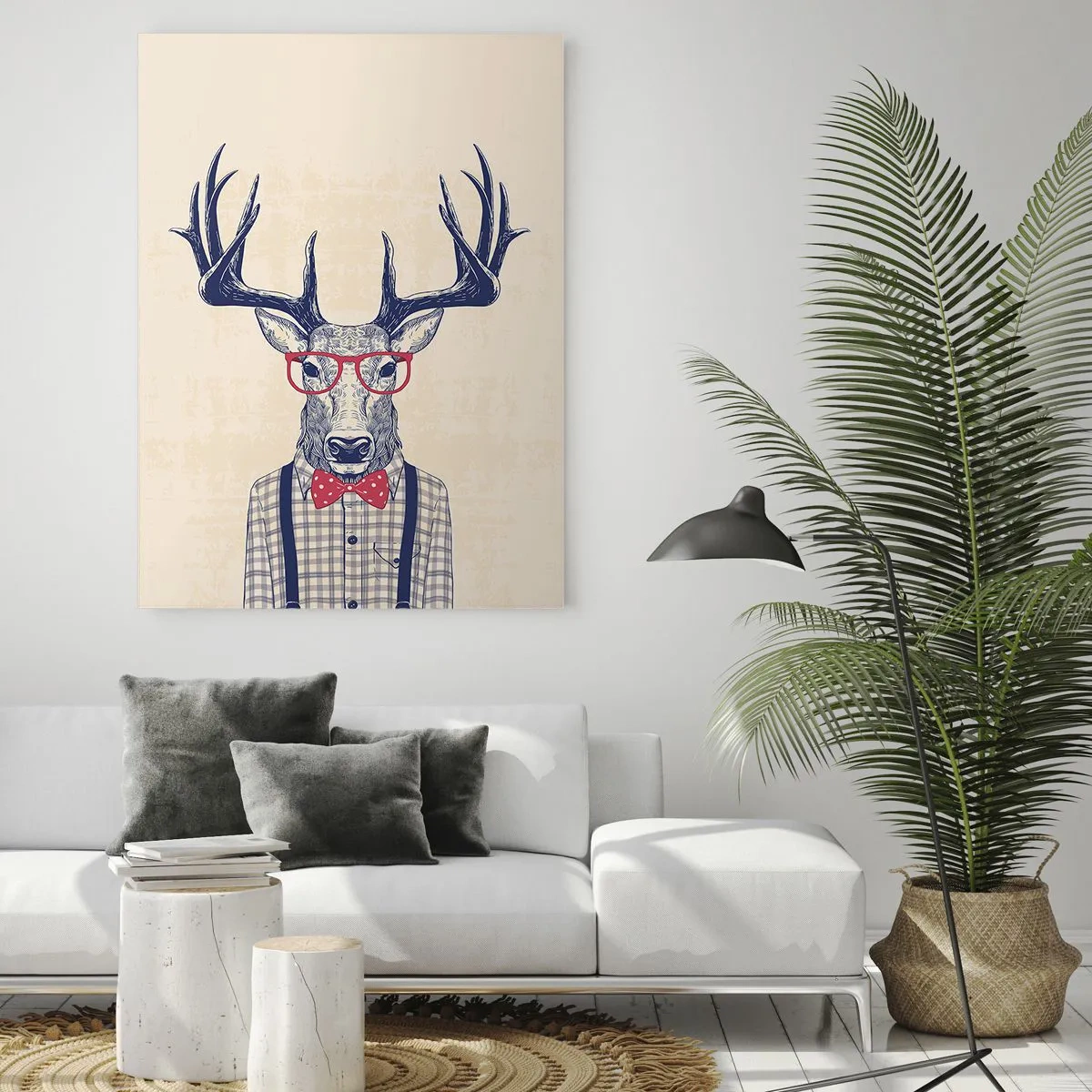 Quadro su vetro - Grafica stilizzata di un cervo con occhiali e papillon - 80x120cm - Divertente stravaganza - Decorazione murale moderna per soggiorno e camera da letto ARTTOR