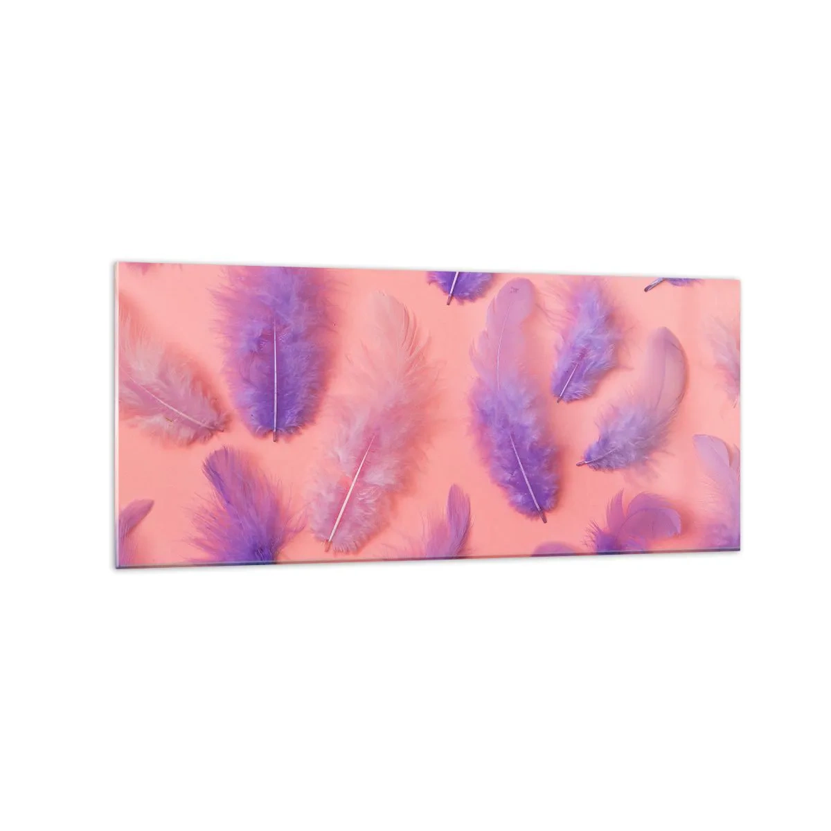 Quadro su vetro - Piume viola e rosa su uno sfondo pastello - 120x50cm - L'uccello lilla del desiderio - Decorazione murale moderna per soggiorno e camera da letto ARTTOR