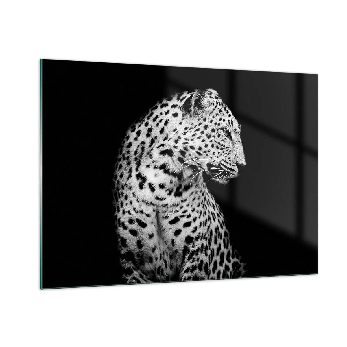 Quadro su vetro - Un leopardo in luce bianca e nera contro una finestra - 100x70cm - Profilo destro perfetto! - Decorazione murale moderna per soggiorno e camera da letto ARTTOR