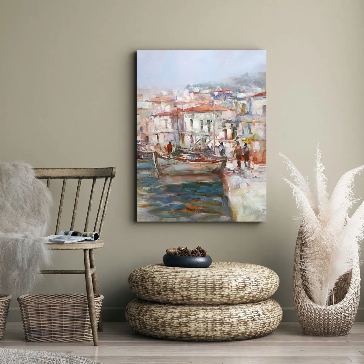 Quadro su tela - Stampe su Tela - Impressione del porto con barche ed edifici - 70x100cm - Vacanze in pastello - Decorazione murale moderna per soggiorno e camera da letto ARTTOR