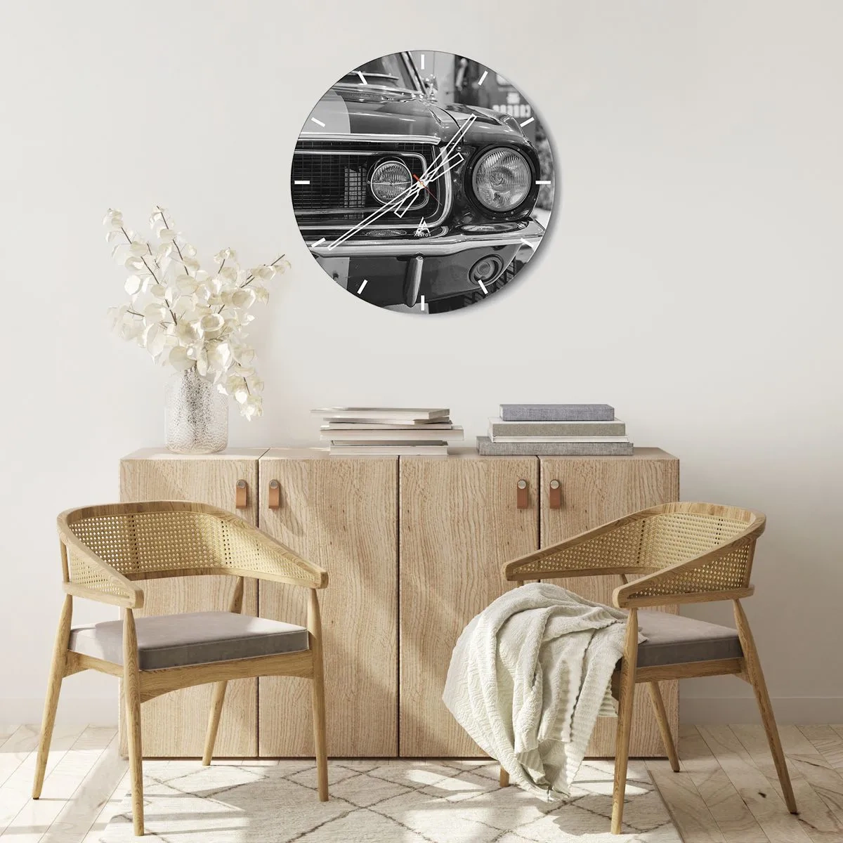 Orologio da parete - Orologio in Vetro - Grafica frontale di un'auto classica in bianco e nero - 30x30cm - A rotta di collo - Decorazione murale moderna per soggiorno, cucina e camera da letto ARTTOR
