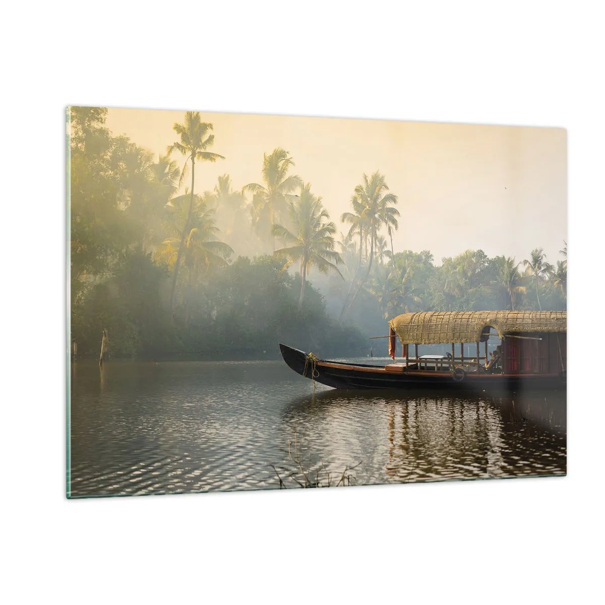Quadro su vetro - Una barca su un fiume calmo circondata da palme al mattino - 120x80cm - Casa sul fiume - Decorazione murale moderna per soggiorno e camera da letto ARTTOR