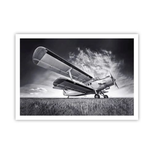 Poster - Un aereo contro un cielo drammatico in bianco e nero - 100x70cm - Giramondo alato - Decorazione murale moderna per soggiorno e camera da letto ARTTOR