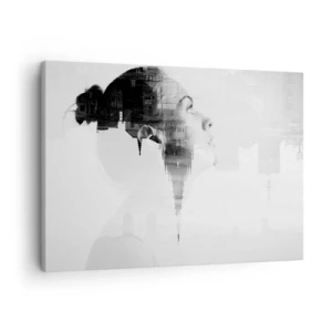 Quadro su tela - Stampe su Tela - Ritratto di una donna con il contorno di una città sullo sfondo, colori bianco e nero - 70x50cm - Sui due lati del vetro - Decorazione murale moderna per soggiorno e camera da letto ARTTOR