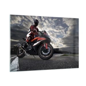 Quadro su vetro - Un motociclista su una pista da corsa sotto un cielo tempestoso - 100x70cm - Il cavaliere oscuro - Decorazione murale moderna per soggiorno e camera da letto ARTTOR