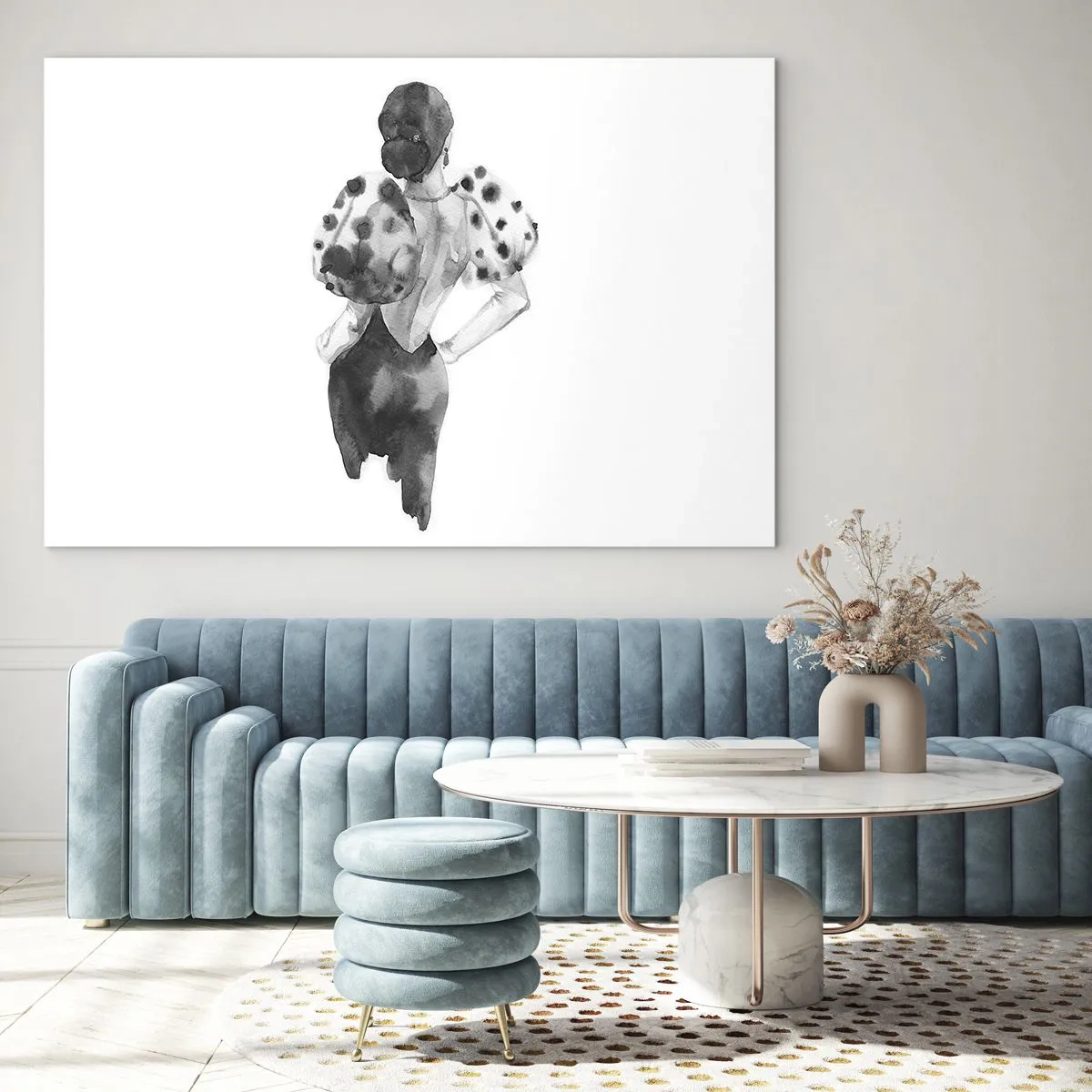 Quadro su vetro - Silhouette in bianco e nero di una donna in un abito elegante - 70x50cm - è passata accanto - Decorazione murale moderna per soggiorno e camera da letto ARTTOR