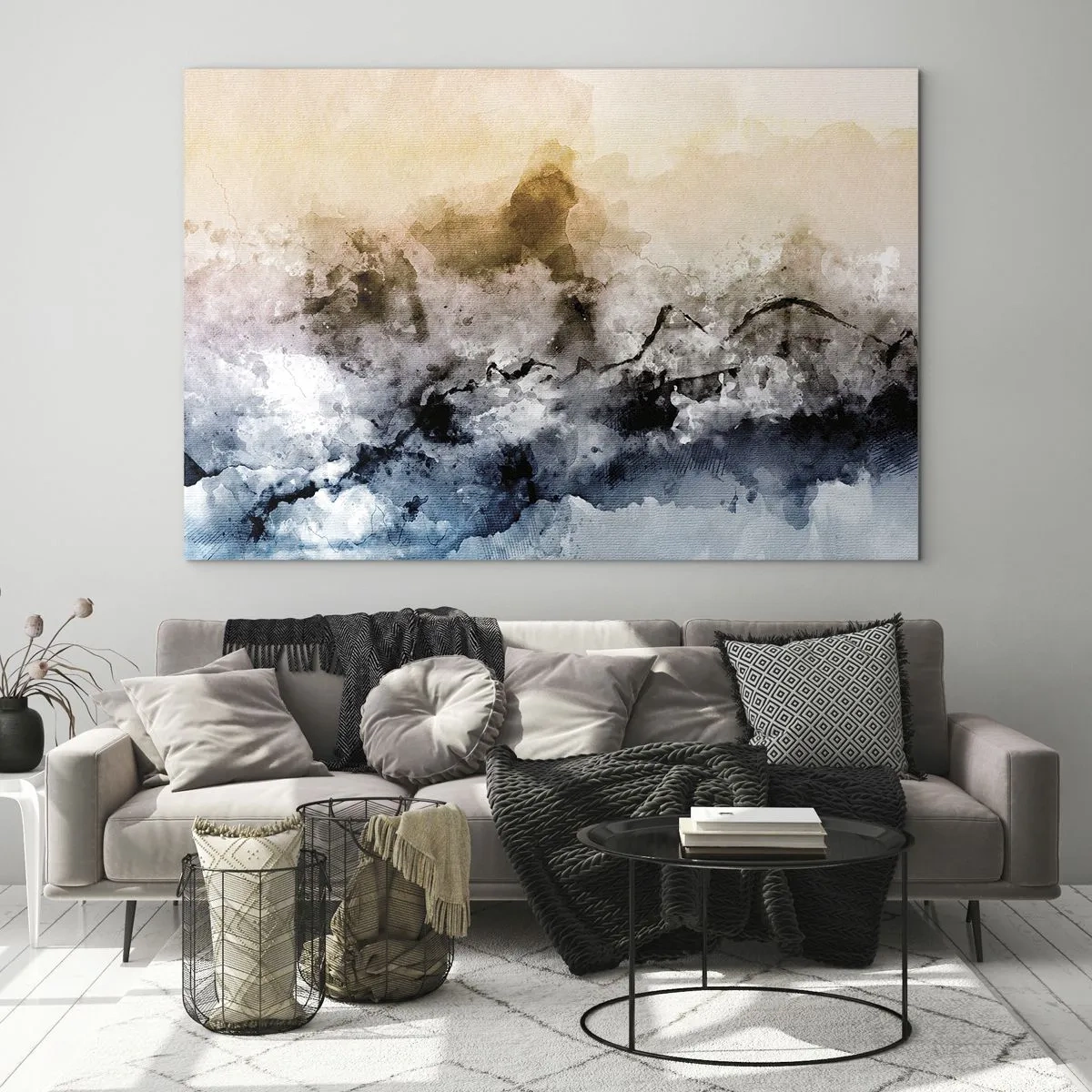 Quadro su vetro - Paesaggio astratto in tonalità pastello con nebbia - 70x50cm - Immersi in una nuvola di nebbia - Decorazione murale moderna per soggiorno e camera da letto ARTTOR