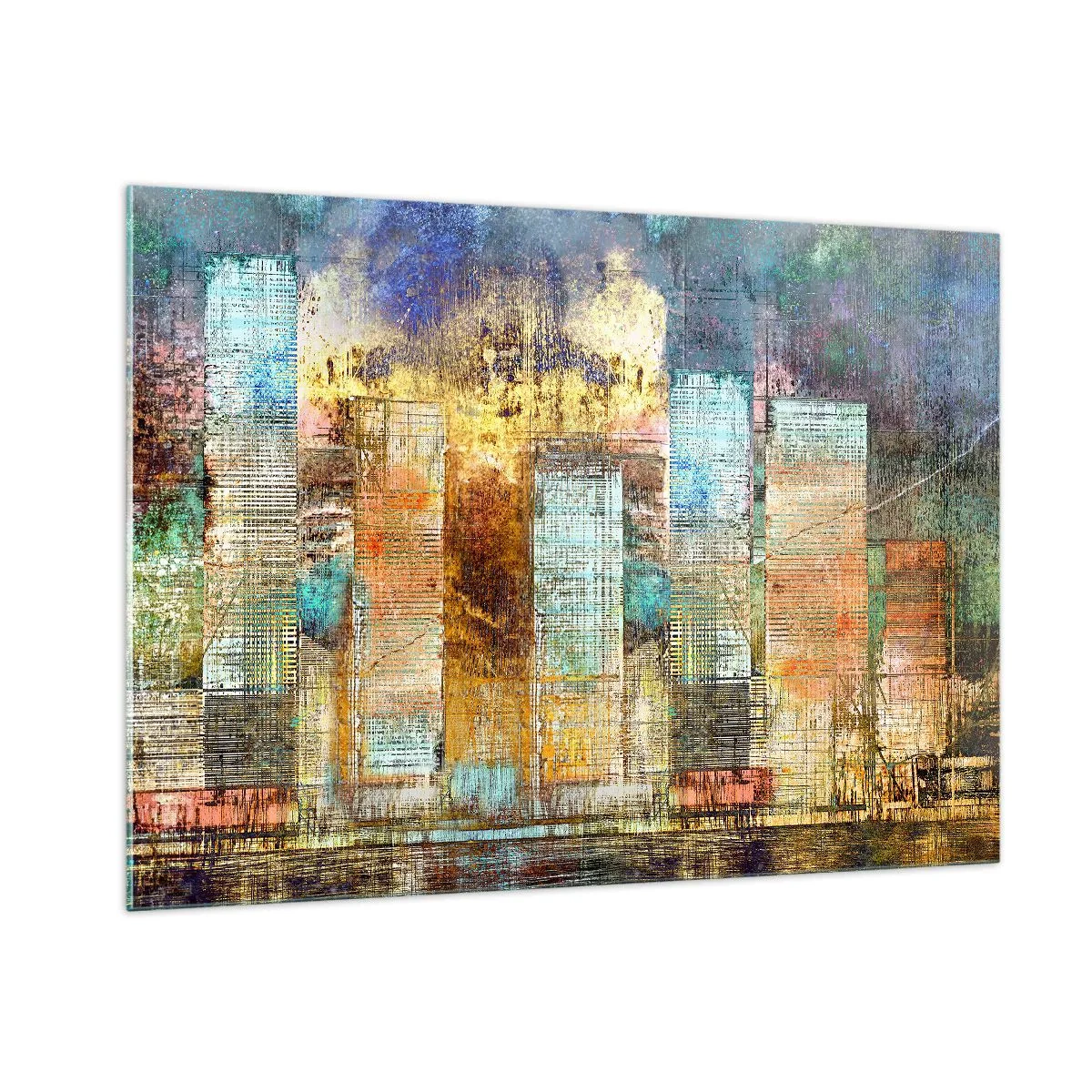 Quadro su vetro - Panorama astratto colorato dei grattacieli della città in stile artistico - 100x70cm - Metropoli nel sole - Decorazione murale moderna per soggiorno e camera da letto ARTTOR