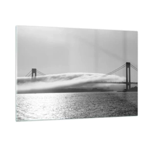 Quadro su vetro - Un ponte in bianco e nero con nebbia sull'acqua - 120x80cm - Navigare attraverso la Porta d'Oro - Decorazione murale moderna per soggiorno e camera da letto ARTTOR