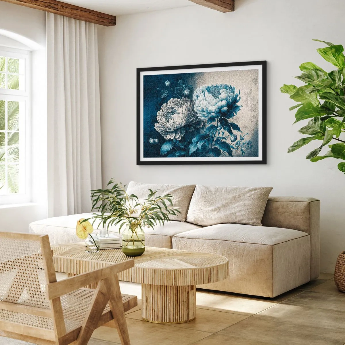 Poster in cornice nera - Peonie blu su uno sfondo tenue con un motivo delicato - 100x70cm - Coppia perfetta - Decorazione murale moderna per soggiorno e camera da letto ARTTOR