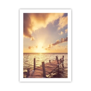 Poster - Molo di legno contro il mare al tramonto - 50x70cm - Il paese dorato della mitezza - Decorazione murale moderna per soggiorno e camera da letto ARTTOR
