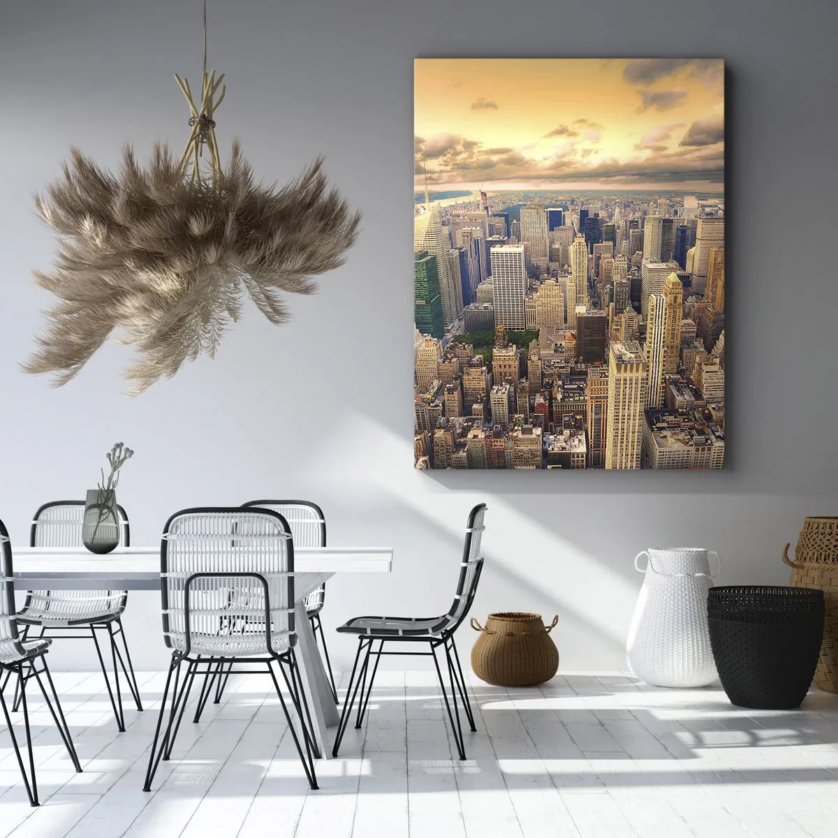 Quadro su tela - Stampe su Tela - Panorama della città con vista sui grattacieli al tramonto - 50x70cm - Metropolis dorata - Decorazione murale moderna per soggiorno e camera da letto ARTTOR