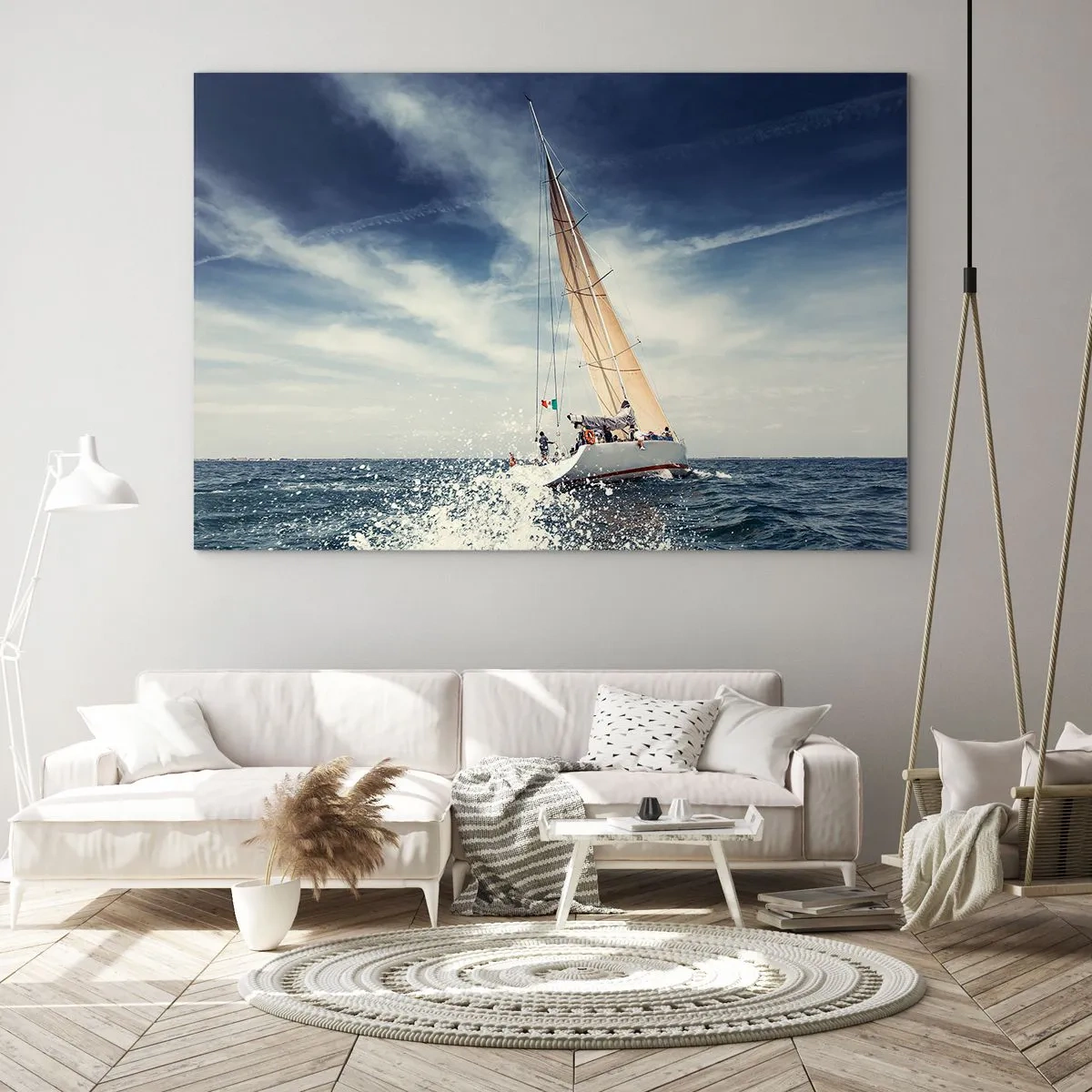 Quadro su vetro - Uno yacht che naviga su un mare in tempesta sotto un cielo azzurro - 70x50cm - Non ci raggiungeranno! - Decorazione murale moderna per soggiorno e camera da letto ARTTOR