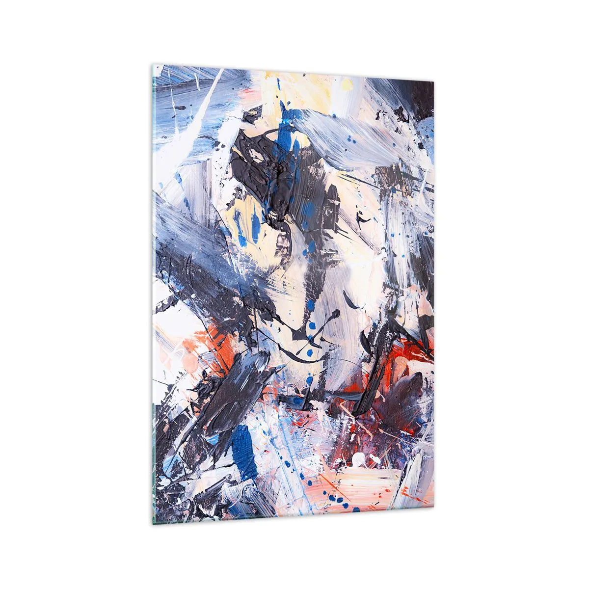 Quadro su vetro - Astrazione con pennellate dinamiche in blu e rosso. - 70x100cm - La danza folle dell'astrazione - Decorazione murale moderna per soggiorno e camera da letto ARTTOR