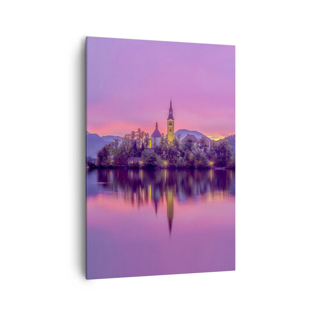 Quadro su tela - Stampe su Tela - Lago con un'isola e una chiesa al tramonto - 70x100cm - Isola favolosa al crepuscolo - Decorazione murale moderna per soggiorno e camera da letto ARTTOR