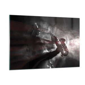 Quadro su vetro - Sassofonista in una nebbia di fumo in bianco e nero - 120x80cm - Nei fumi del jazz - Decorazione murale moderna per soggiorno e camera da letto ARTTOR